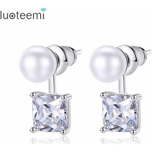 LUOTEEMI Unique Charm Two Style Square And Round Shiny Clear Copper Cubic Zirconia Drop Earrings For Women Girl Party Tourism