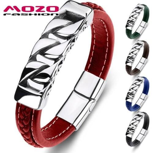 Unisex Trendy Men Bangles Genuine Leather Stainless Steel Punk Charm Bracelets Women High Quality Fashion Jewelry Red
