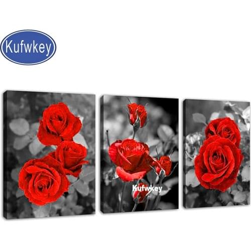 Triptych Red Rose Diamond painting Sale mosaic Diamond Flower picture Full Square/round 5d diamond Embroidery 3 Piece decor