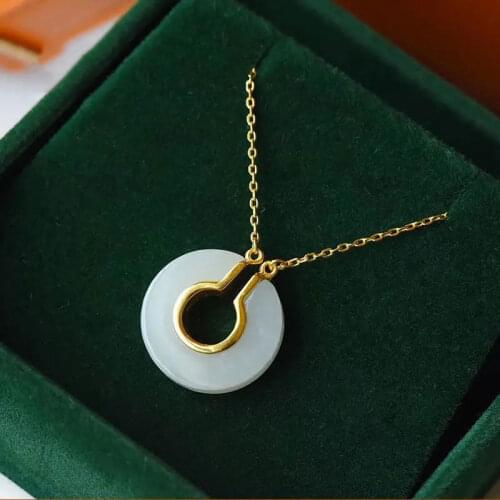 S925 Sterling Silver Necklace Natural Hetian Jade White Jade Peace Buckle Necklace Stylish Graceful Simple Womens Pendant Jade