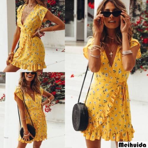 New Women Vintage Elegant Summer Boho Short Sleeve V-neck Ruffled Lace Printed Dress Beach Dresses Sundress