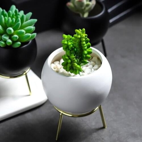 Nordic Simple Flowerpot Creative Ironwork Flowerpot Set with White Round Small Ceramic Vase Succulents Pots Office Decor