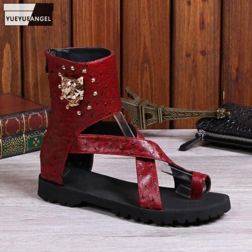 Hip Hop Men Hollow Out High Top Sandal Summer Beach Genuine Leather Shoes Personality Rivets Punk Gladiator Sandals Plus size