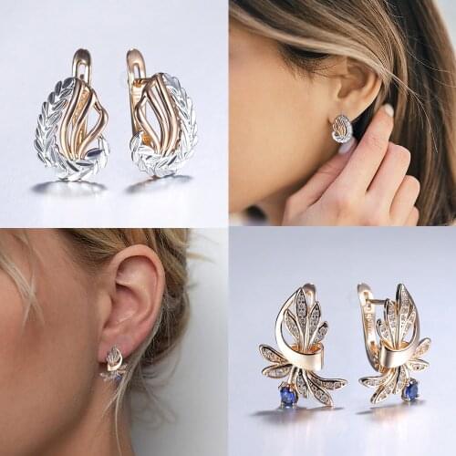 12 Styles 585 Rose Gold Earrings for Women Girl CZ Stone Flower Leaf Earrings Shaped Elegant Wedding Jewelry Gifts GE335A