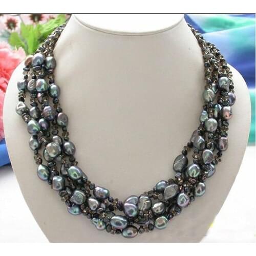 Unique Pearls jewellery Store 5rows 19'' 4-10mm Black Baroque Freshwater Pearl Faceted Smoky Quartz Necklace