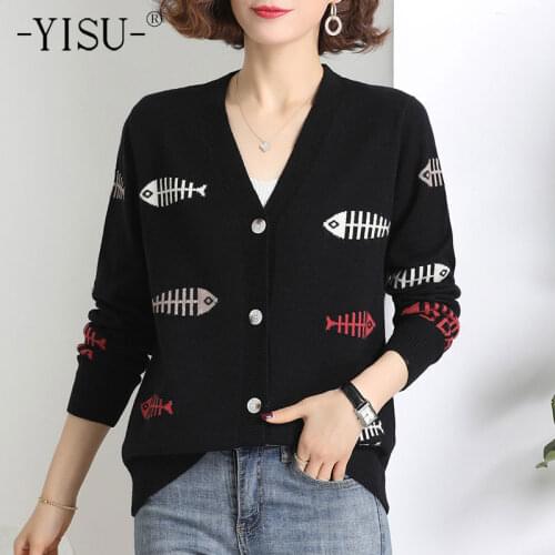 YISU Spring Thin Women Sweater Cardigan V-Neck Fish bone Printing Cardigan for women Female Long sleeve Casual Knitted Cardigan