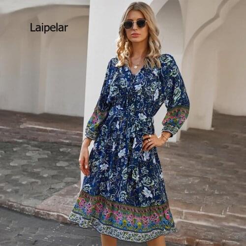 2021 Ethnic Style Design European and American Fashion Womens Bohemian Holiday Summer Flower Print Dress