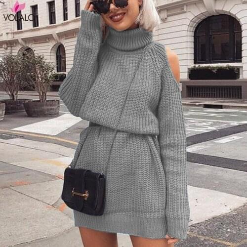 Women Sweaters Dress 2018 Knitting Dress Autumn Winter Long Sleeve Cold Shoulder Turtleneck Warm Bodycon Knitted Dresses