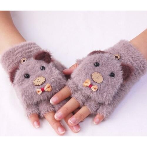 Winter 4-10 Y Girls Fingerless Gloves Kids Cute Cartoon Bear Warm Soft Knitted Stretch Students Writing and Play Outdoor Games