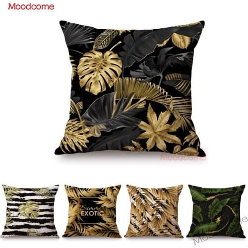 Gold Black Background Tropical Plant Palm Leaves Leaf Home Decoration Sofa Throw Pillow Case Cotton Linen Elegant Cushion Cover