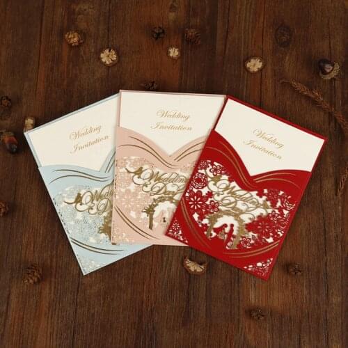1pcs 3 Colors Laser Cut Bride and groom Wedding Invitations Card Elegant Greeting Card Envelopes Wedding Party Favors Decoration