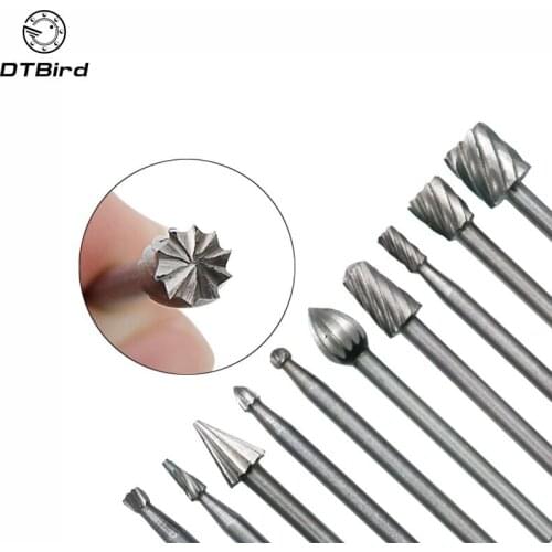10 Pieces 1/8 HSS Routing Router Drill Bits Set Dremel Carbide Rotary Burrs Tools Wood Stone Metal Root Carving Milling Cutter