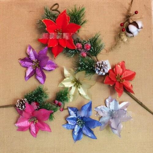 5PCS Glitter Artifical Christmas Fake Flowers 13CM Flowers Xmas Ornaments DIY Christmas Tree Ornament New Years Decor 2021