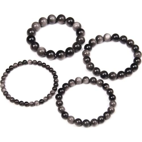 6/8/10/12 mm Silver Color Obsidian Beads Bracelets Men Stretch Bracelet Polished Stone Beads Bangel Women Yoga Prayer Jewelry