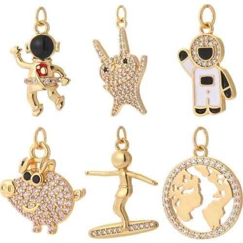Astronaut Cosmonaut Cute Charms for Jewelry Making Supplies Map Cool Figure Gold Pendant Dangle Charms Copper Cubic Zircon