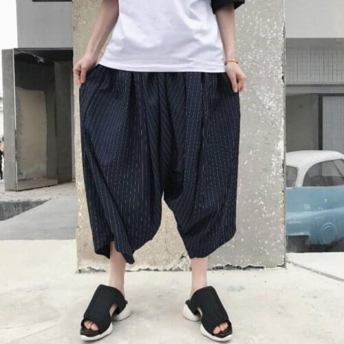 New Summer Style Striped Harem Pants Mens Special Loose Personality Thin Section Wide Leg Pants Hairstylist Tide Radish Pants