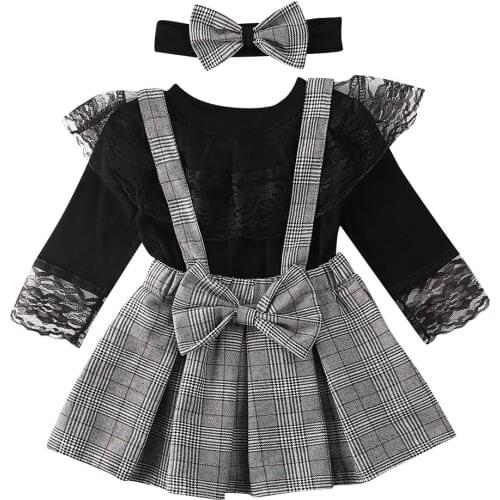 1-6Y Toddler Kid Girl Baby Clothes Set Black Long Sleeve Lace T shirt Tops + Plaid Ruffles Skirts Overalls Spring Girl Costumes