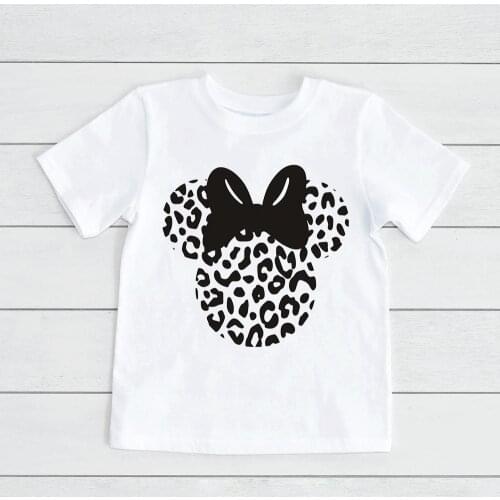 Disney Cute Baby Girl Boy T-shirt Cute Leopard Minnie Mouse Head Cartoon Children Tee Short Sleeve Kids Top