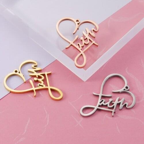Fnixtar 20Pcs 40*30mm Hollow Heart Faith Charms Stainless Steel Charms For DIY Making Necklaces Briad Bracelets Womens Jewelry