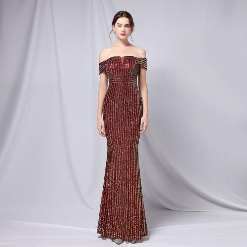 Classic Off The Shoulder Sequined Mermaid Formal Evening Dress Womens Elegant Banquet Temperament Velvet Dance Queen Backless