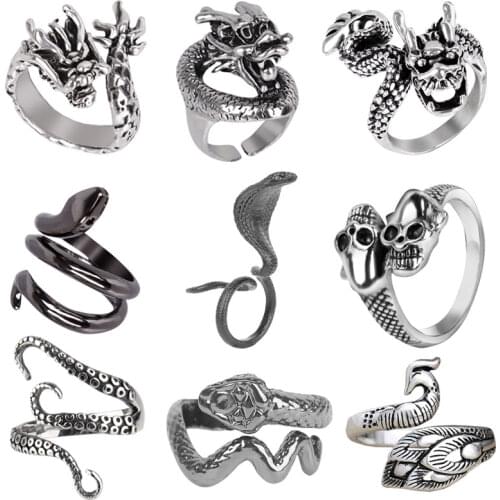 Retro Punk Snake Dragon Ring for Men Women Exaggerated Antique Siver Color Opening Adjustable Rings Anillo Hombre Bijoux