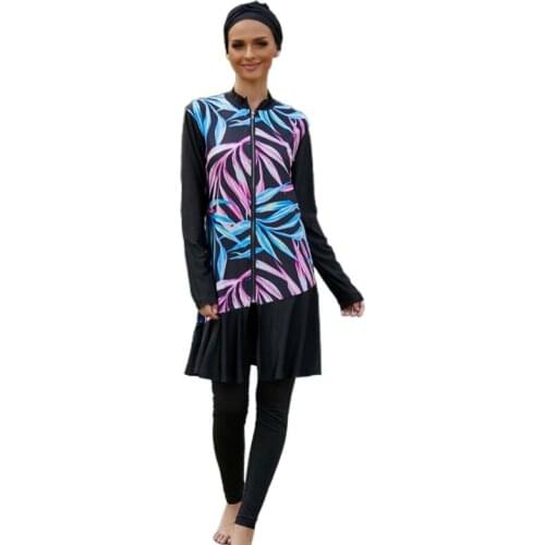 N0HA Womens Islamic 3pcs Burkini with Hijab Long Sleeve Zip Up Modest Swimsuit Muslim Leaves Full Coverage Bathing Beachwear