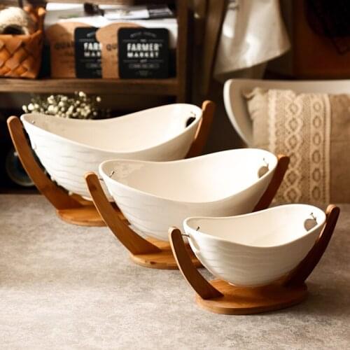 Fruit Bowl Ceramic Bowl Hotel Vegetable Bowl Bamboo Stand Kitchen Desktop Art Design Storage Tray