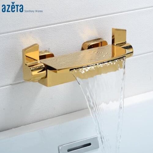 Azeta Wall Mounted Bath Mixer Golden Brass Bathtub Faucets Hot&Cold Water Bath Tap Double Handle Waterfall Bathtub Mixer MK6422G