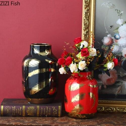 Golden Feather Painted Tabletop Vases Bright Light Ceramic Vase Flower Arrangement Modern Floral Home Decoration Accessories