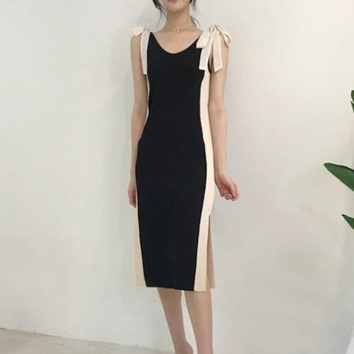 New Arrival Korean Summer Vintage Patchwork Bow Dress Female Sleeveless Knitted Bottoming Pullovers Womens Slim Dress Vestidos