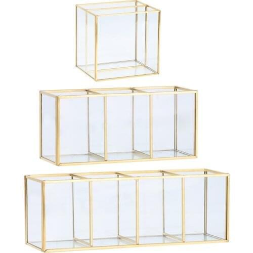2/3/4 Grids Nordic Glass Cosmetics Organizer Gold Glass Transparent Makeup Brush Holder Storage Container Golden Covered Edge