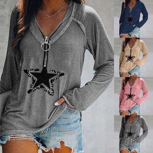 Autumn Deep V Neck T-shirt E-girl Graphic 90s Vintage Women Long Sleeve Slim Top Five-pointed Star Print Female Tees Streetwear