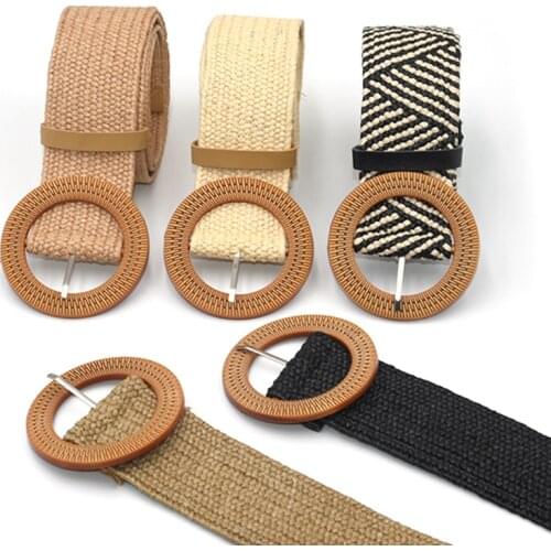 Summer Women Braided Elastic Belt Round Square Wooden Buckle Vintage Bohe Straw Buckle Belt Women Knitted Belt Dress Belt