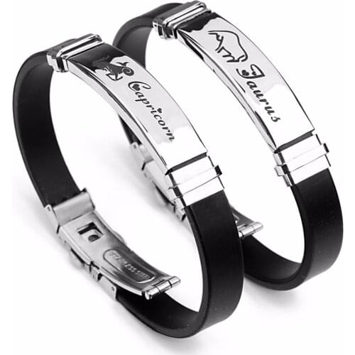 LOULEUR Silicone Zodiac Sign Bracelet for Men Women Stainless Steel Clasps Gemini Scorpio Zodiac Virgo Bracelet Men Jewelry