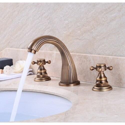 Antique Brass Bathroom Basin Mixer Tap Double Handles Sink Faucet 3 pcs Set Bathroom Basin Faucet