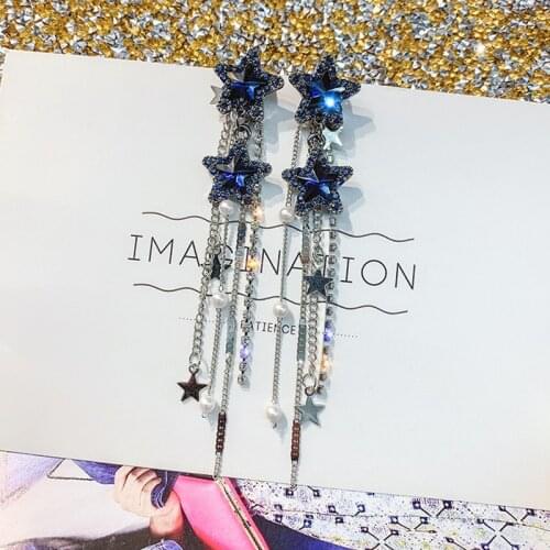 Korean Style Shiny Star Drop Earrings for Women New Bijoux Long Tassel Blue Crystal Dangle Earrings Jewelry Accessories
