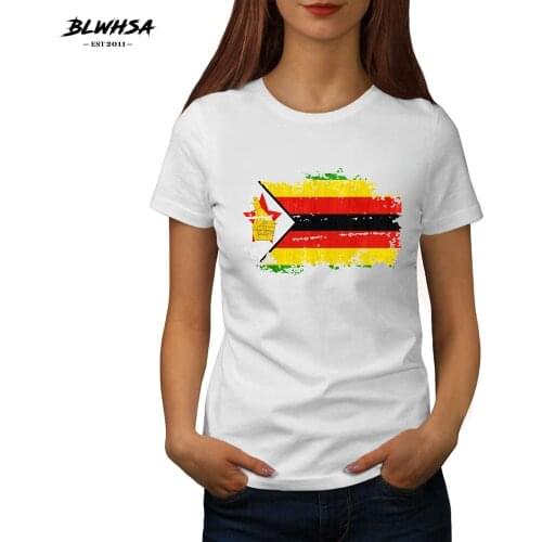 BLWHSA Women Tshirt New Summer Nostalgic Style White T Shirts Casual Cotton Tops Zimbabwe National Flag Print Female T-shirt