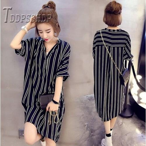 Plus Size Fat MM Stripe Women Blouse Slim Spring V Neck Long Female Blouses