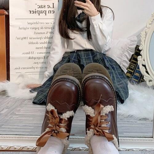 Winter Warm Lolita Womens Round-head Flats Shoes Japanese Warm Velvet Snow Shoes Cosplay Anime Lace Up Sweet Lolita Girls Wear