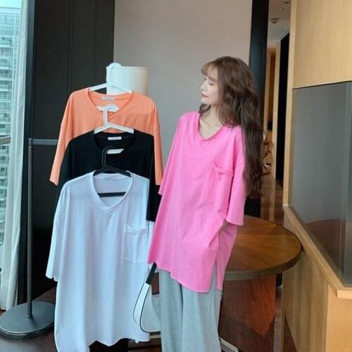 Ladies T-shirts Tops 2021 New Summer Harajuku Womens Casual T Shirt Cotton V-Neck Short Sleeve Plus Size Women Clothing Y644