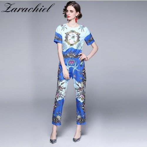 2021 Summer Fashion Cartoon Blue Floral Print Suit Women O Neck Short Sleeve TShirts Tops and Slim Long Pants 2 Pieces Set