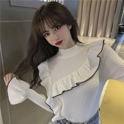 Ruffles Sweater Women Autumn Winter O Neck Long Flare Sleeve Knitted Sweater Slim Korean Warm Jumper Sueter Mujer