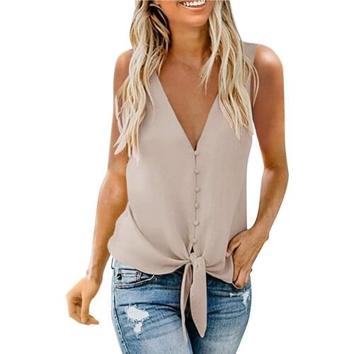 2021 Summer Sexy V Neck Sleeveless Tank Tops Women Elegant Front Tie Up Streetwear Button Decoration Slim Fit Top Female
