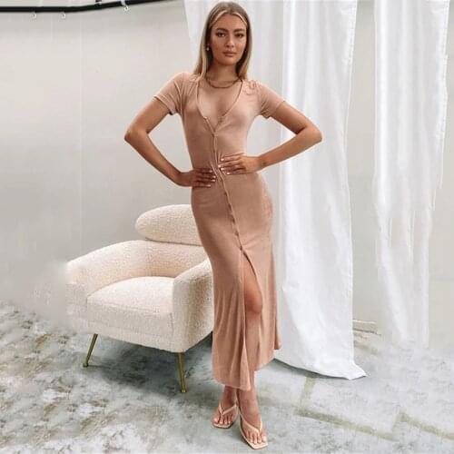 Adogirl Elegant Solid Women Slim Long Dress Sexy V Neck Short Sleeve Slit Bodycon Maxi Dress Fashion Lady Vestidos Streetwear