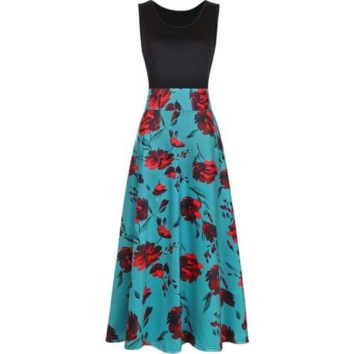 Summer Women Fashion O Neck Sleeveless Red Flower Print Patchwork Large Hem Beach Maxi Long Dress