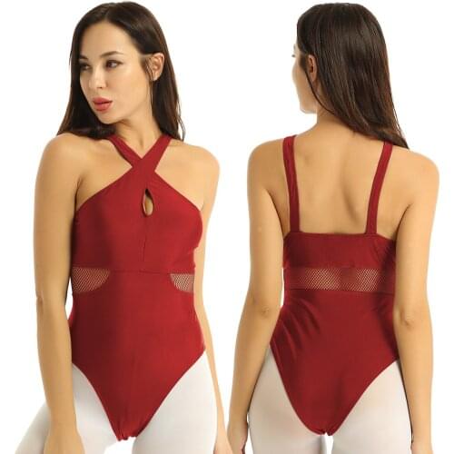Women Gymnastics Leotard Workout Ballet Dancewear Sleeveless Fishnet Splice Sexy Bodysuit Adult Stage Performance Dance Costume