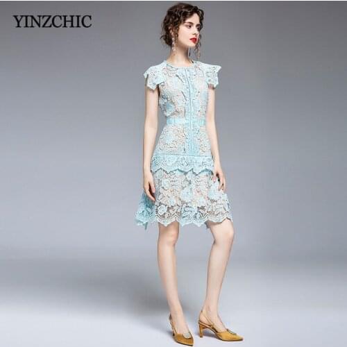 2020 New Woman Slim Lace Dress Runway Style Ladies Elegant Blue Dresses Hollow-out O-neck Female Summer Laces Irregular Dress