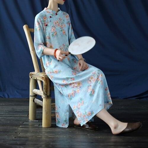 Women Autumn Cotton Linen Printed Stand Collar Dress Ladies Vintage Print Cheongsam Dress Female 2020 Qipao Dress