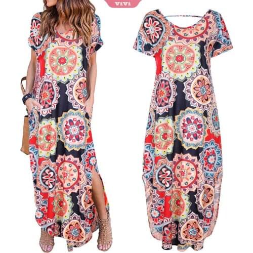 2021 Spring Floral Print Short-sleeved Dress Womens Hedging V-neck Knitted Long Skirt Ladies Sleeveless Beach Dress