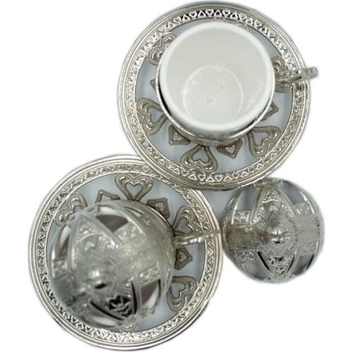 2 piece Traditional Motif Turkish Arab Ottoman Silver Metal Coffee Cup And Saucer Nostalgic Original Vernacular